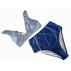 Cupshe 2pc Blue/White Striped Swimsuit High Waist Bikini Bottoms sz Women's M